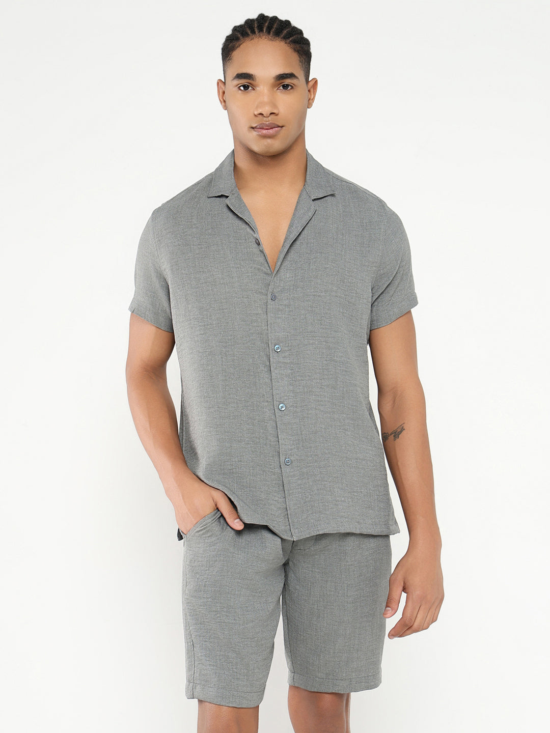 Men Grey Solid Co Ords Set