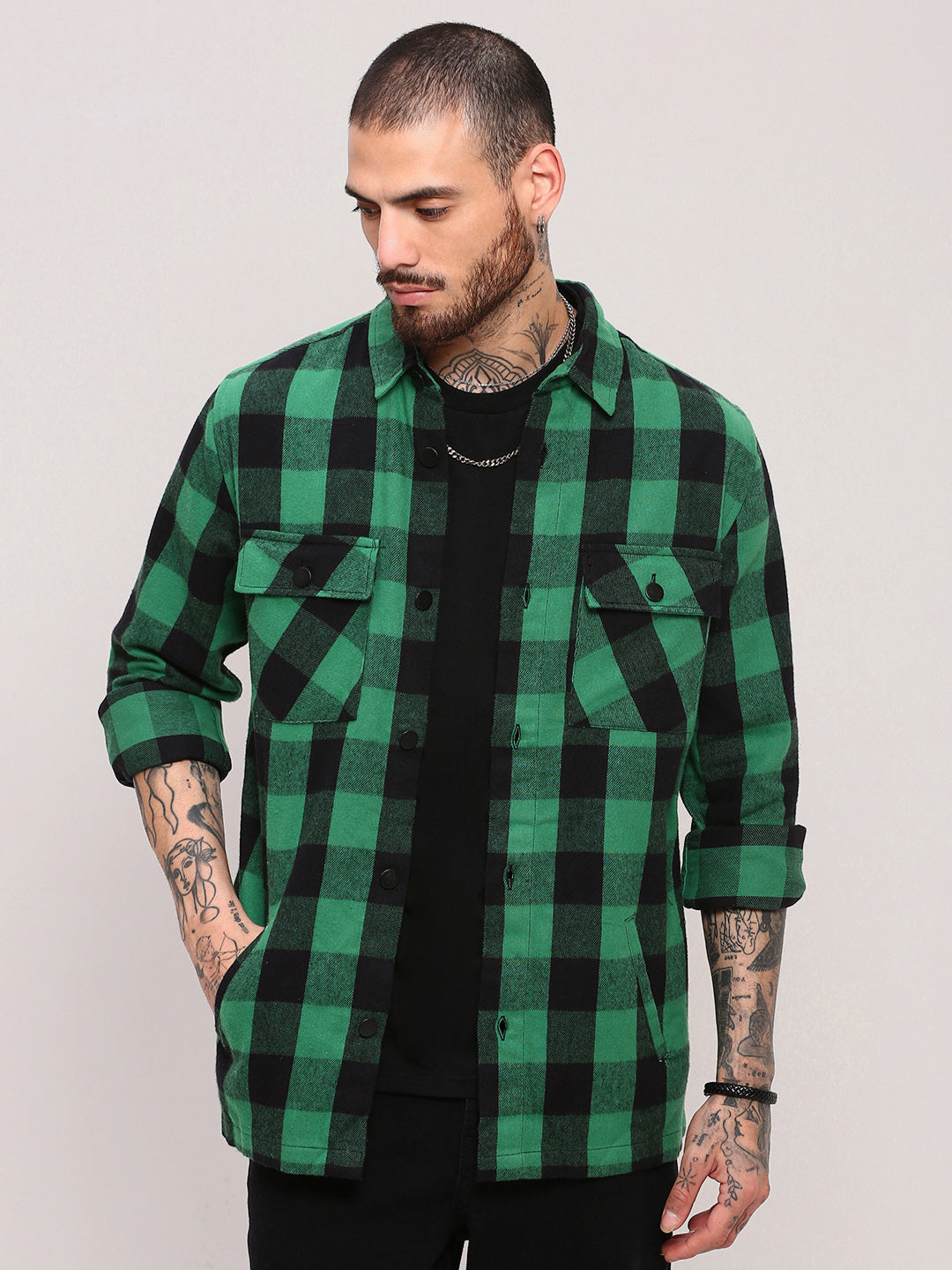 Men Green Checked Shacket