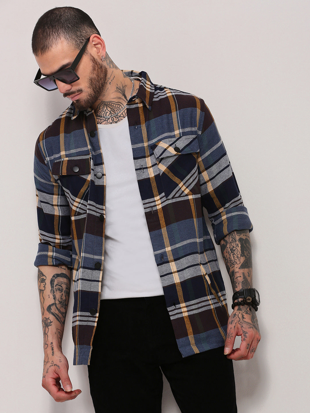 Men Blue Checked Shacket