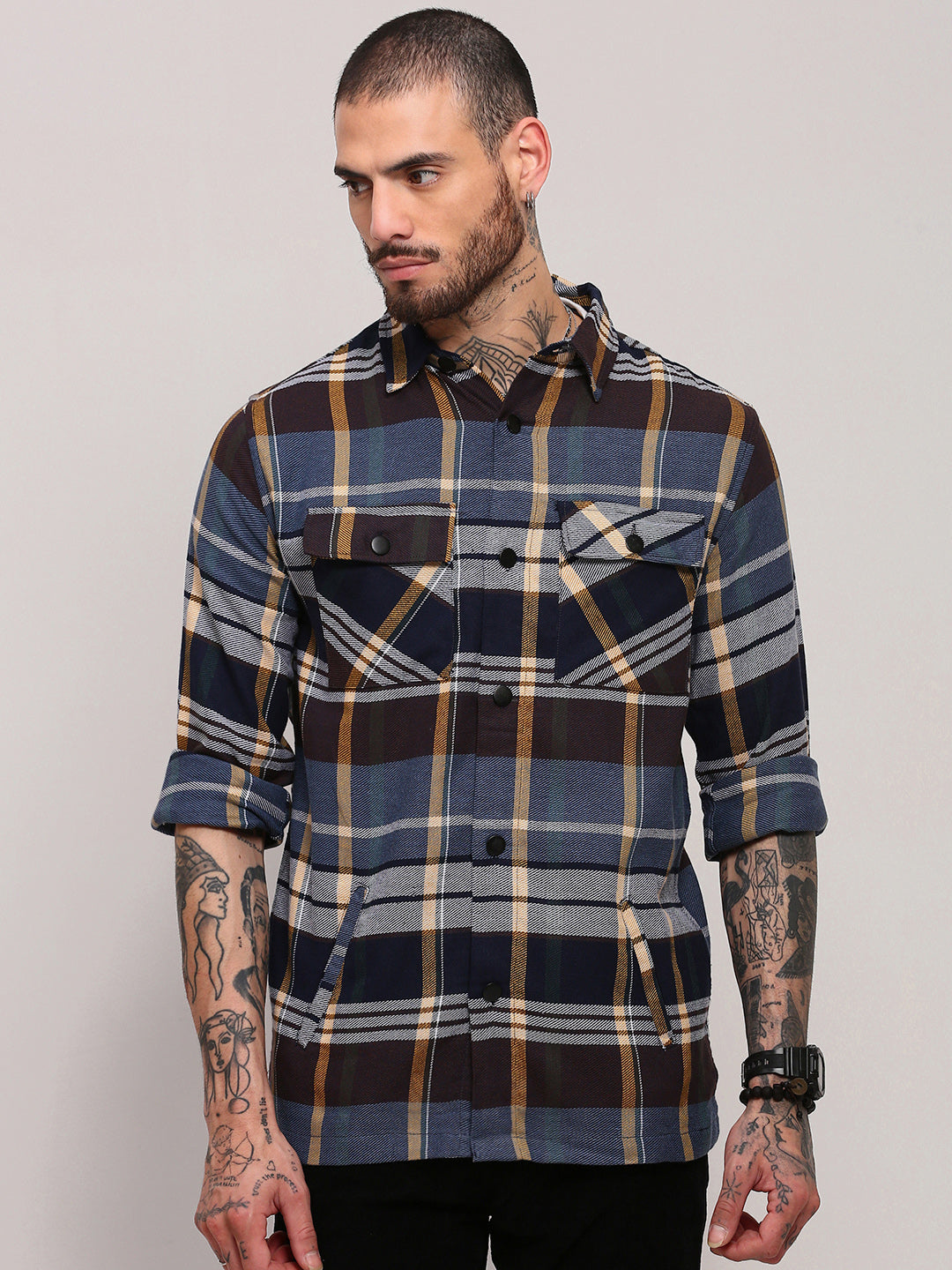 Men Blue Checked Shacket