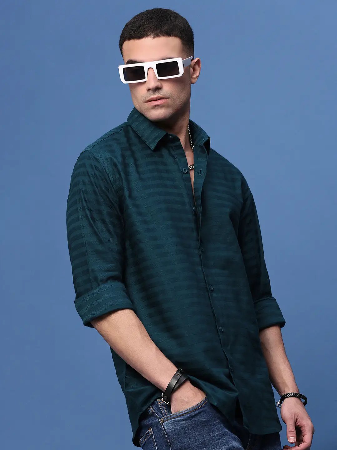 Buy Men's Teal Standard Slim Fit Horizontal Stripes Opaque Striped Casual Shirt | Showoffff Buy Men's Teal Standard Slim Fit Horizontal Stripes Opaque Striped Casual Shirt | Showoffff