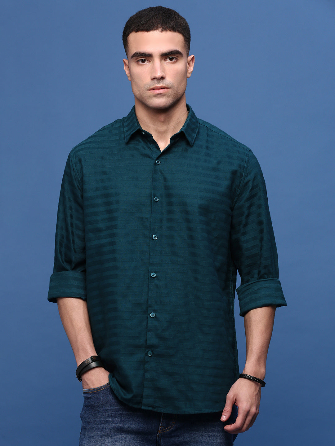 Men Teal Slim Fit Striped Shirt