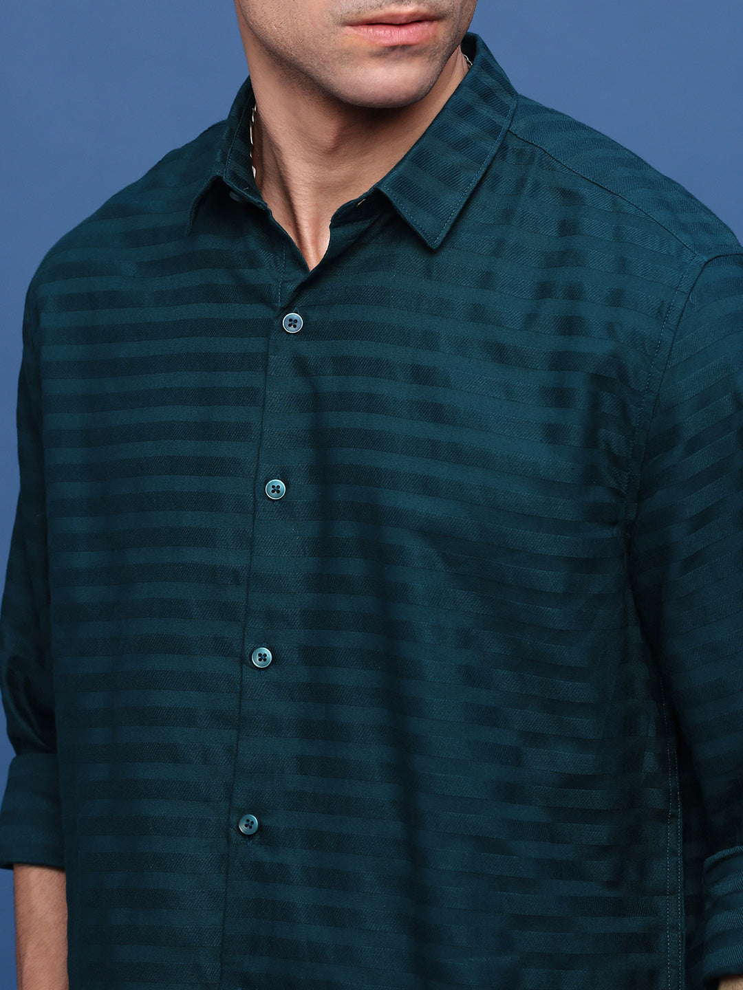 Men Teal Slim Fit Striped Shirt