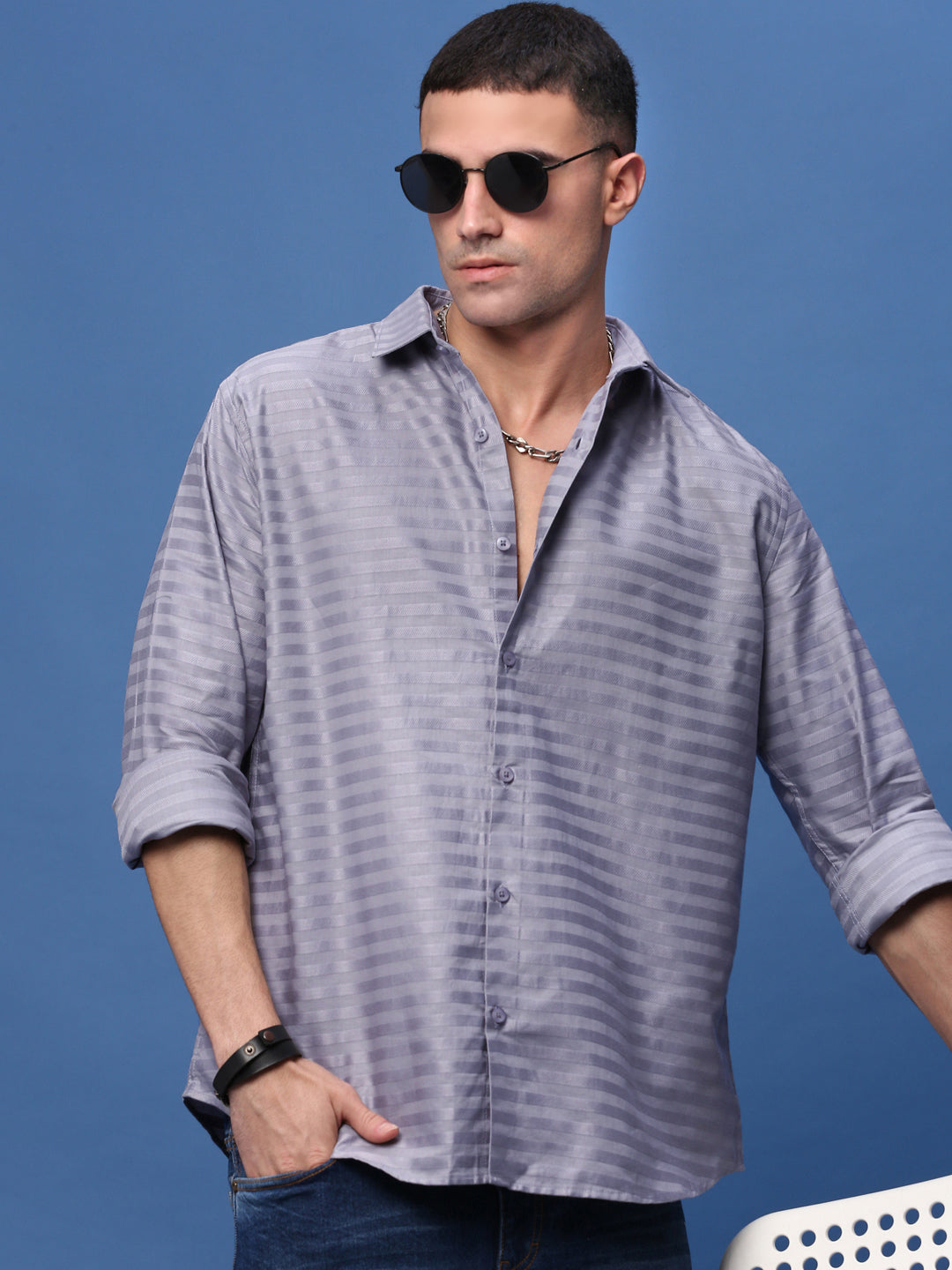 Men Grey Slim Fit Striped Shirt