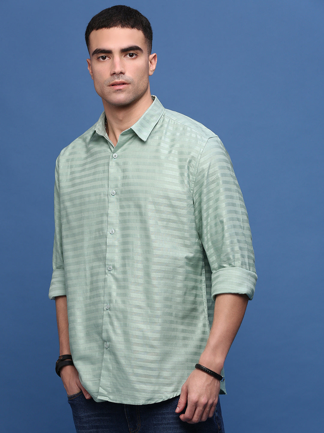 Men Green Slim Fit Striped Shirt