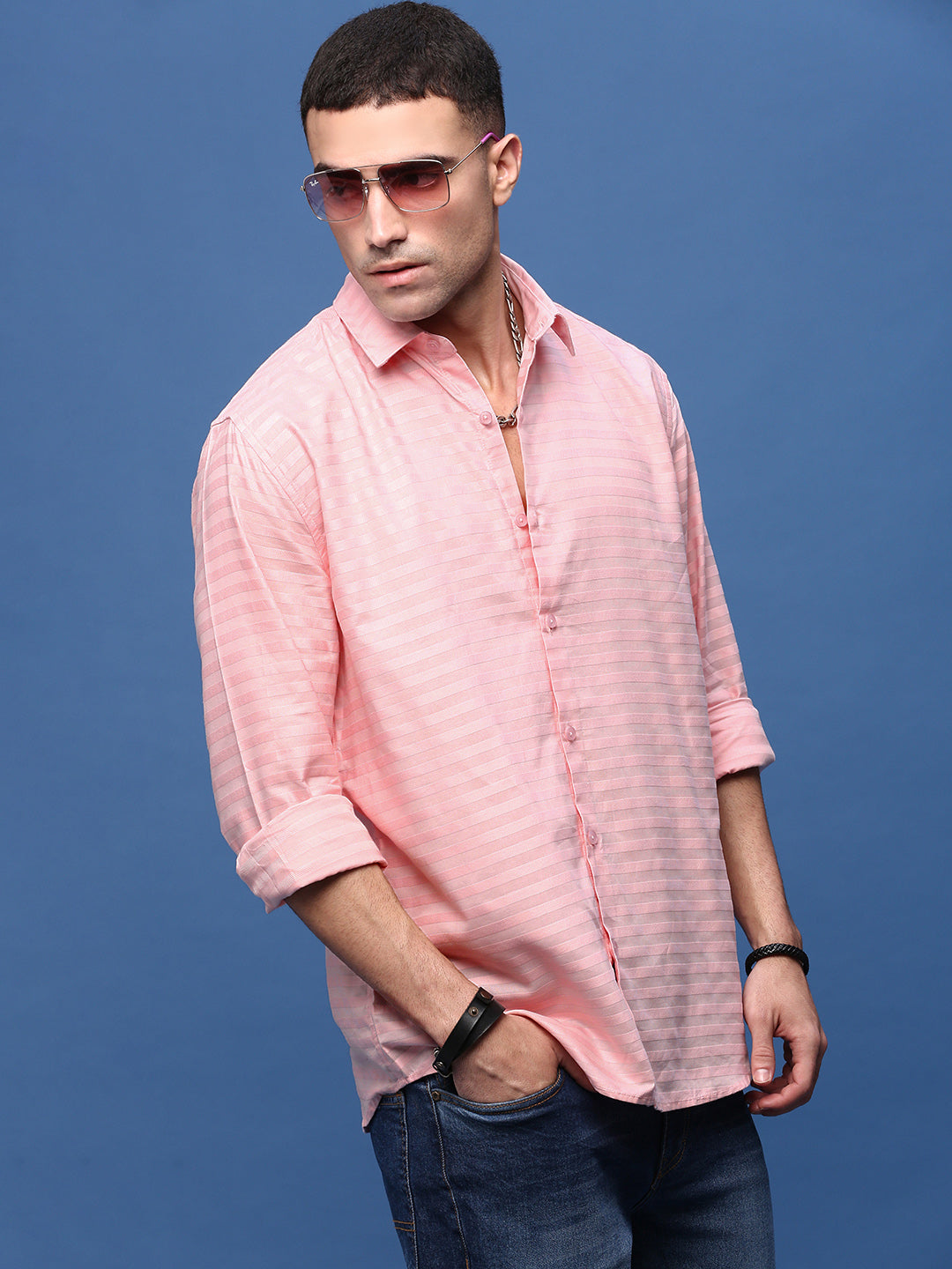 Men's Pink Slim Fit Striped Shirt
