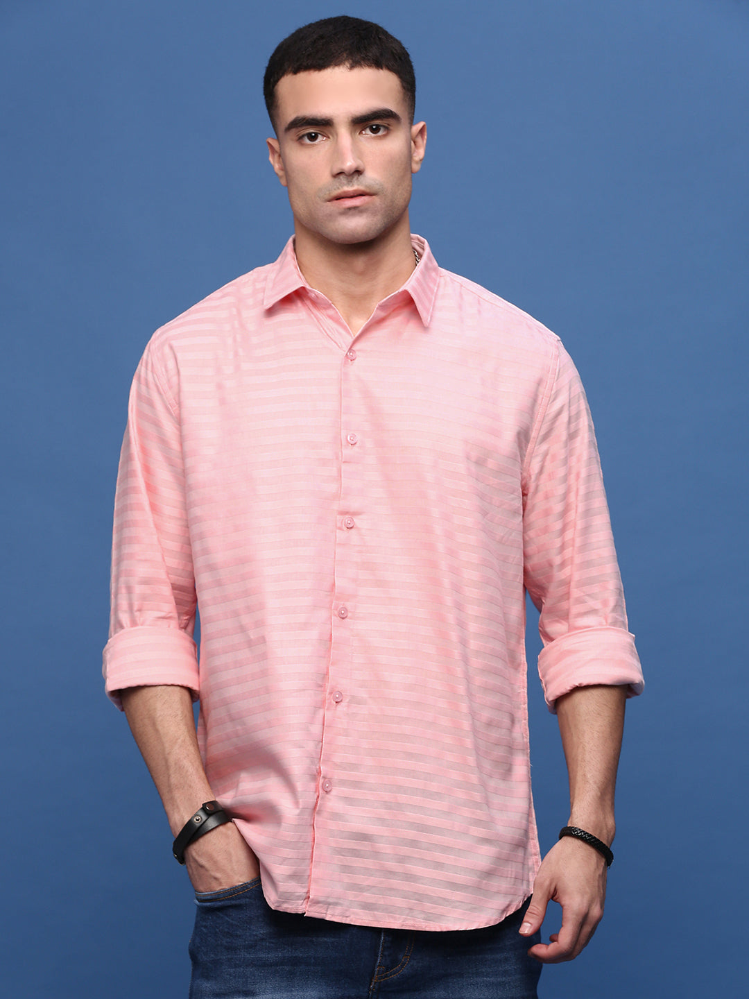 Men's Pink Slim Fit Striped Shirt