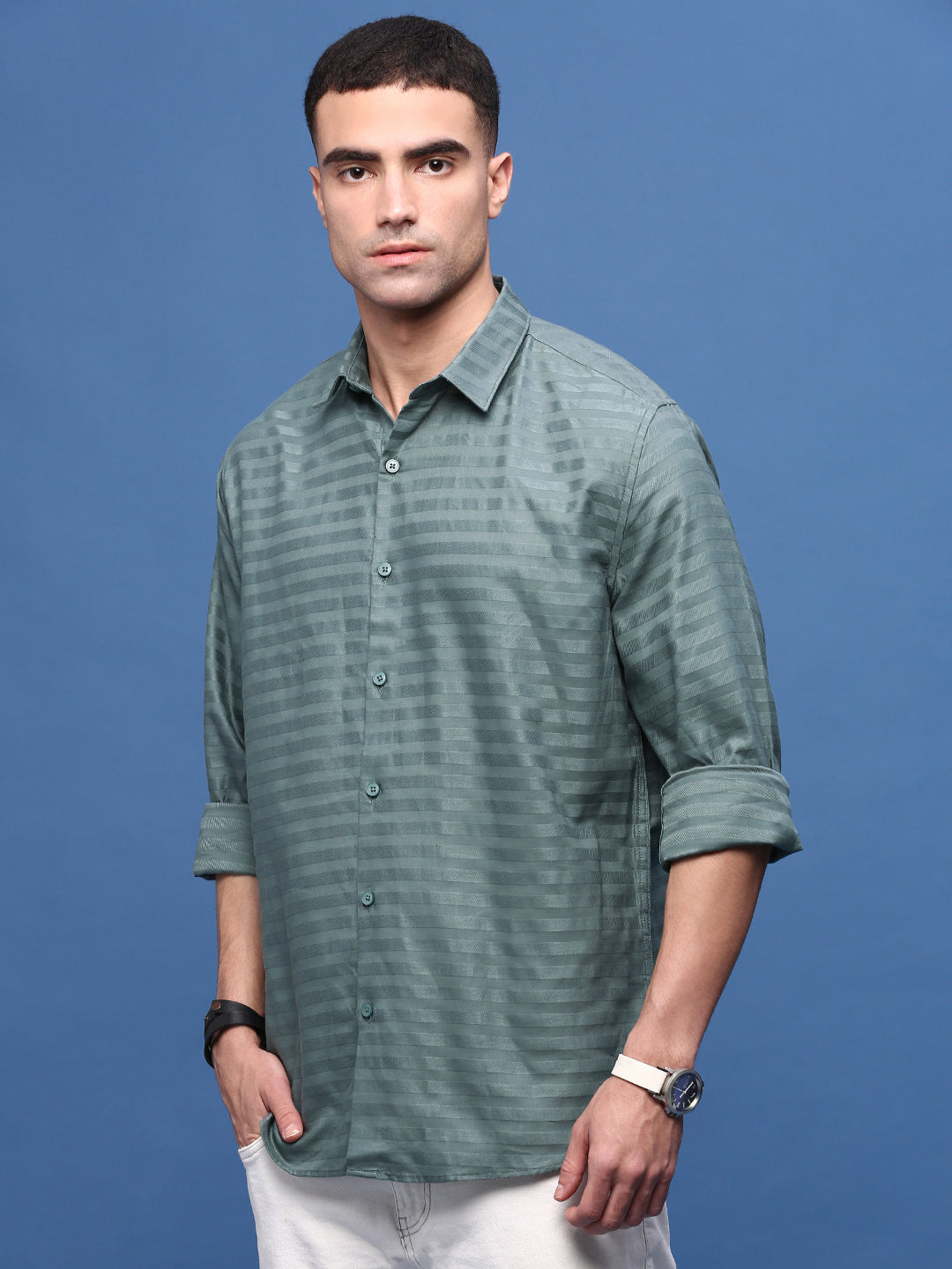 Men Green Slim Fit Striped Shirt