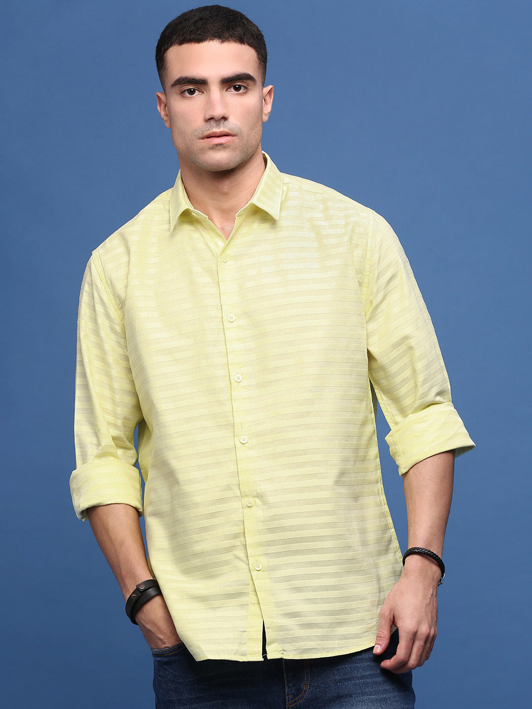 Men Yellow Slim Fit Striped Shirt