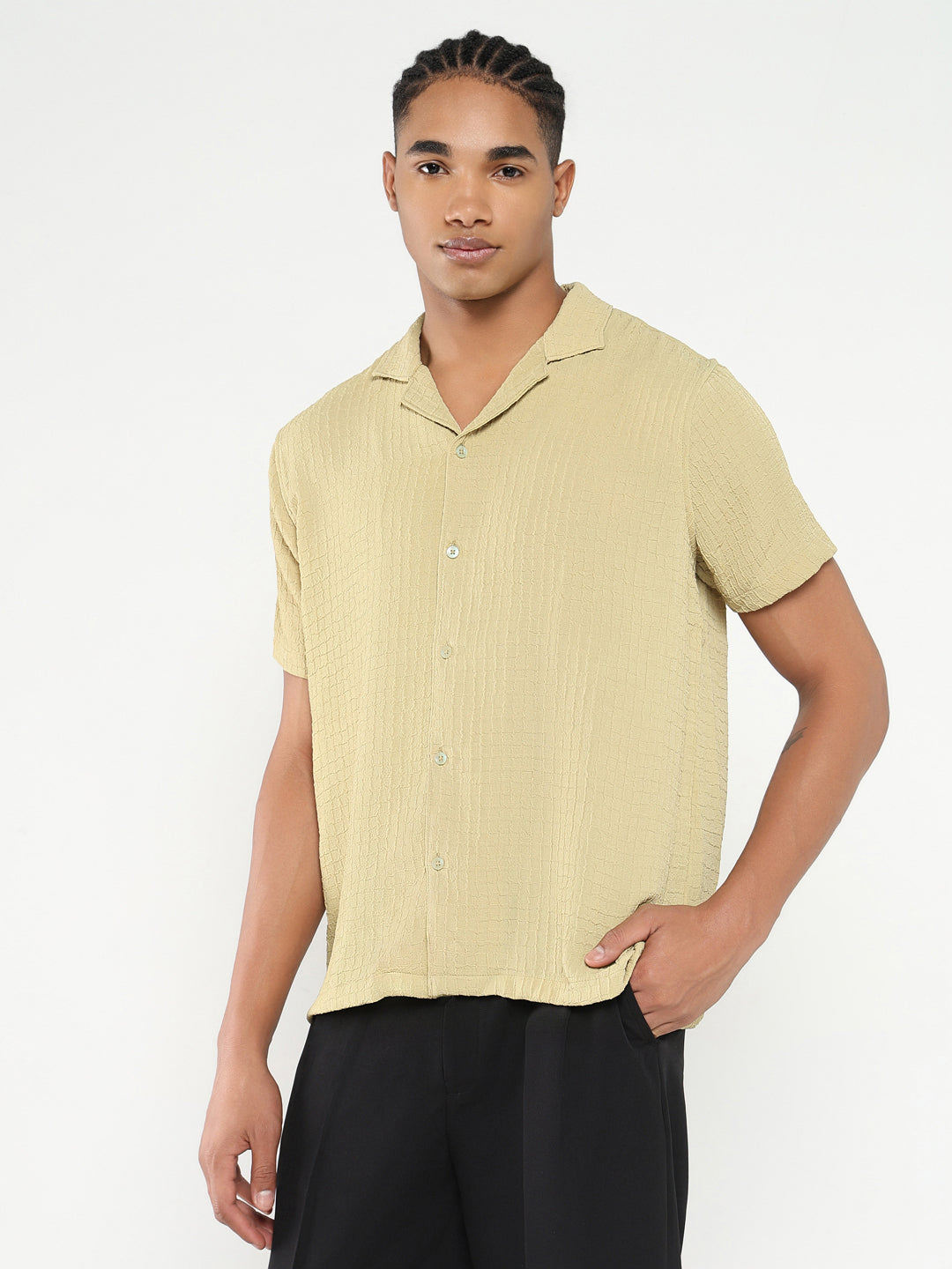 Men Yellow Cuban Collar Solid Shirt