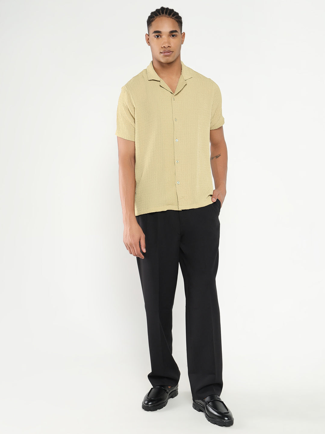 Men Yellow Cuban Collar Solid Shirt