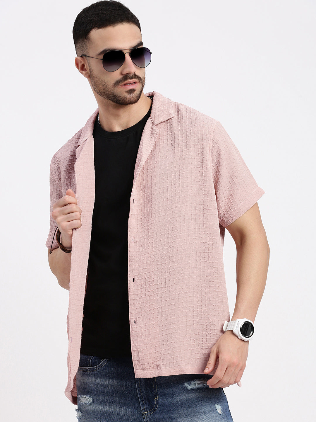 Men Peach Cuban Collar Solid Shirt