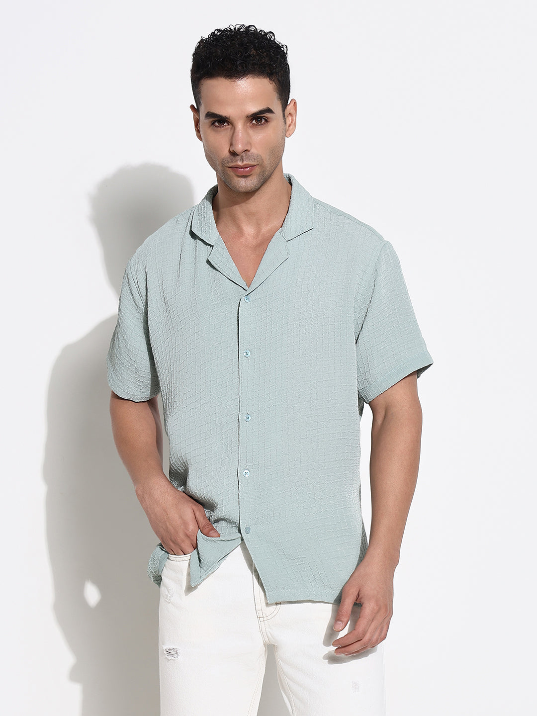 Men's Green Solid Cuban Collar Casual Shirt