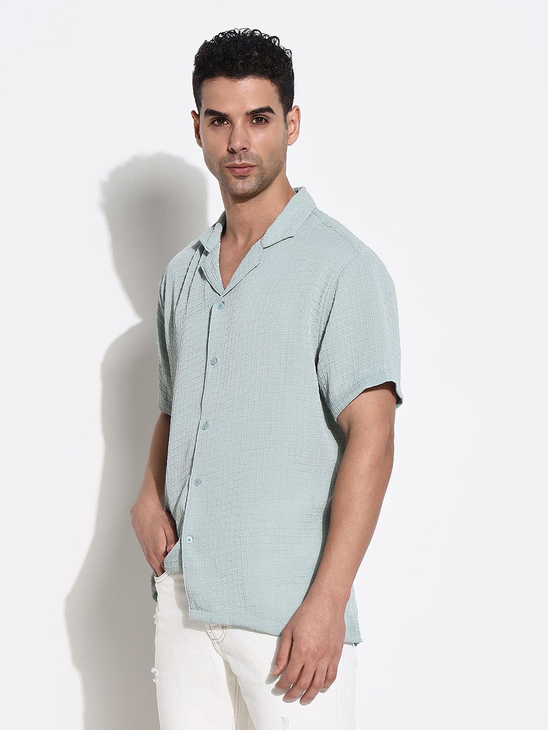 Men's Green Solid Cuban Collar Casual Shirt