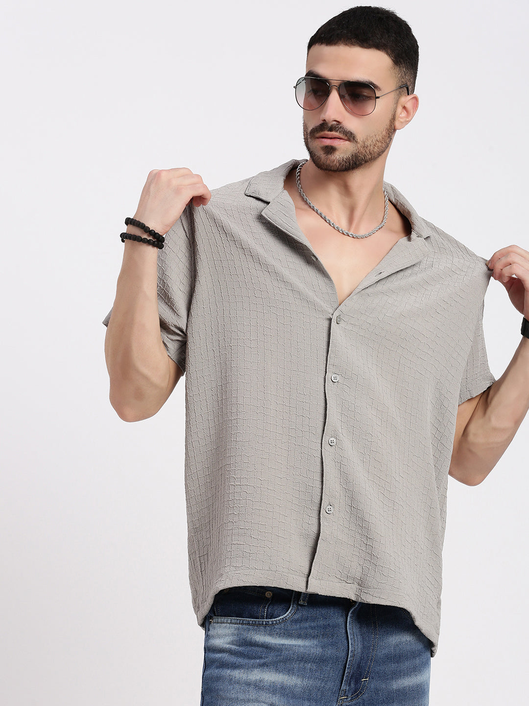 Men Grey Cuban Collar Solid Shirt