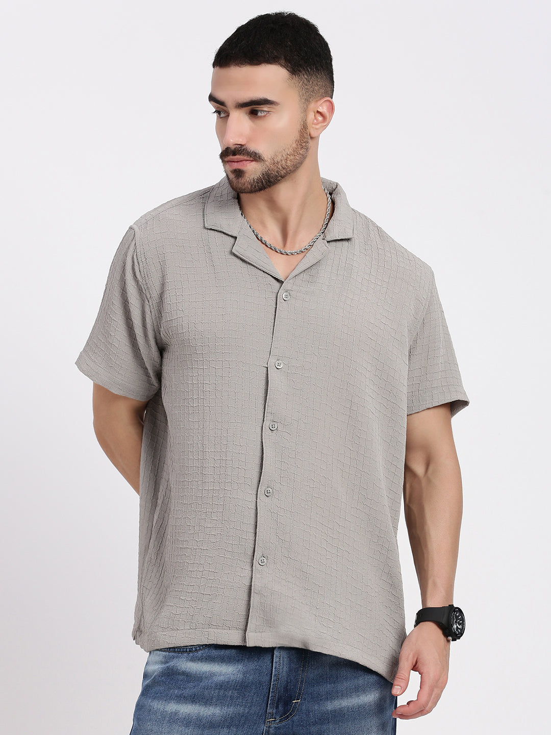 Men Grey Cuban Collar Solid Shirt