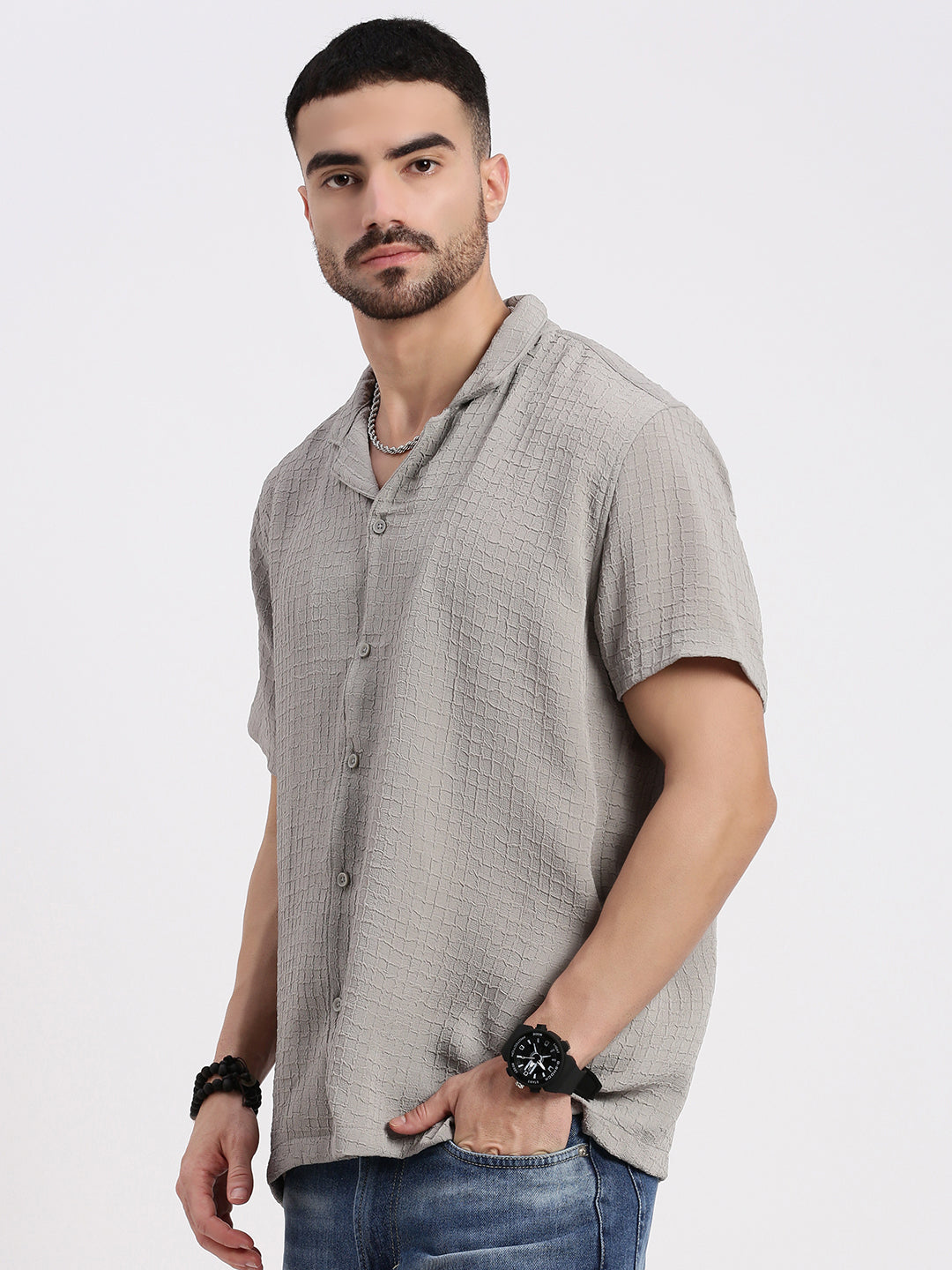 Men Grey Cuban Collar Solid Shirt