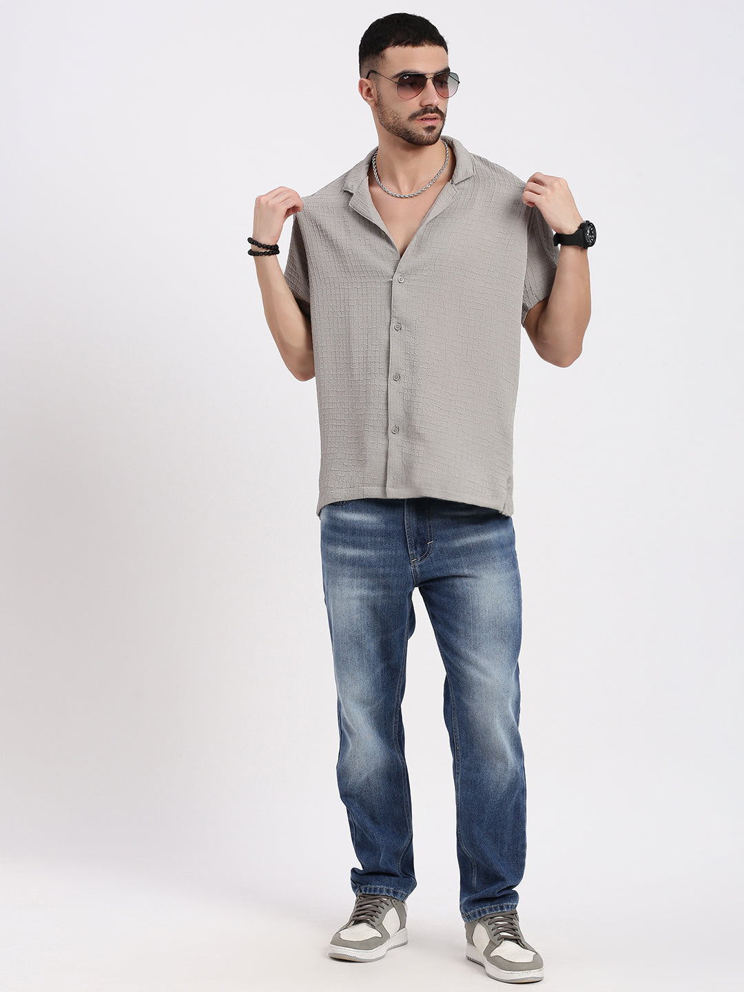 Men Grey Cuban Collar Solid Shirt