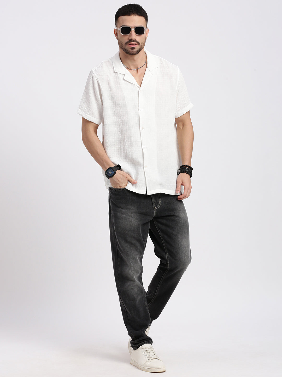 Men White Cuban Collar Solid Shirt