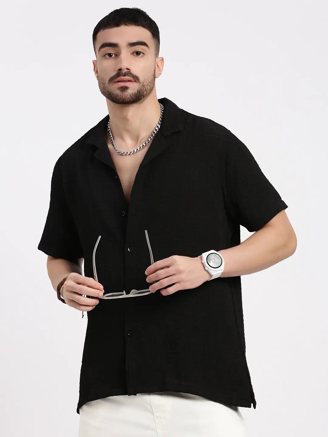 Shop Men's Black Cuban Collar Solid Casual Shirt Shop Men's Black Cuban Collar Solid Casual Shirt