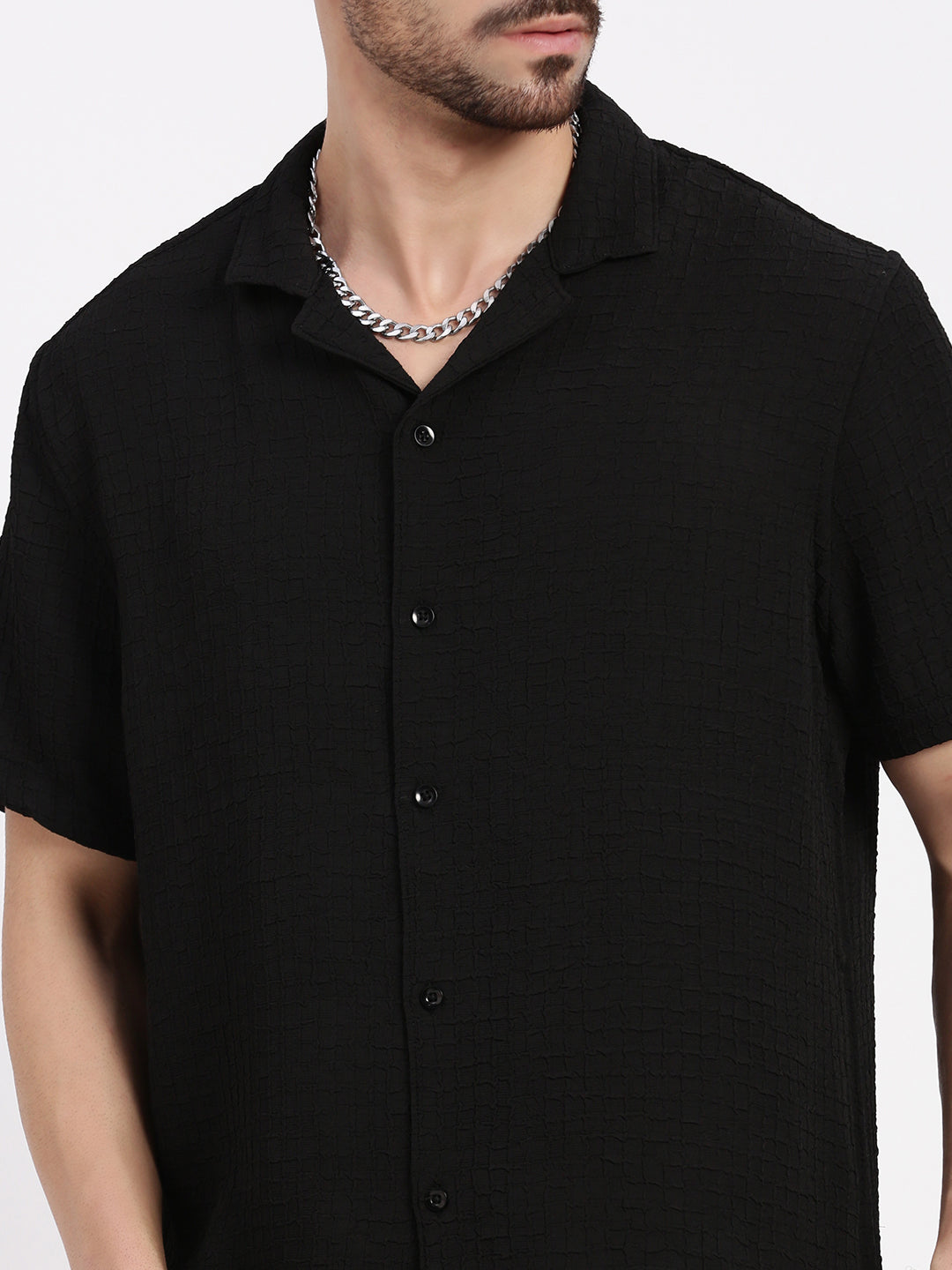 Men Black Cuban Collar Solid Shirt