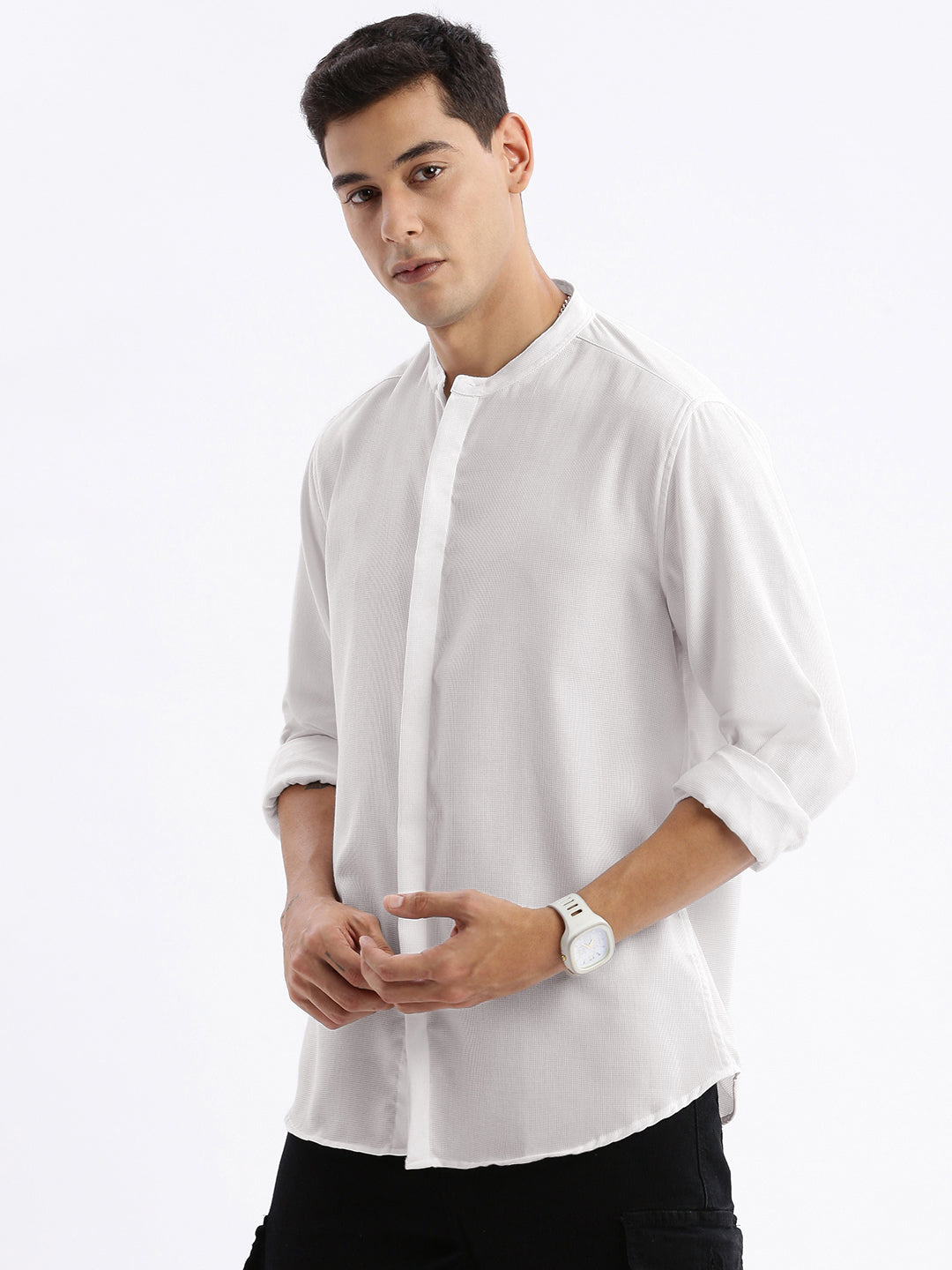 Men Mandarin Collar Solid Slim Fit White Shirt