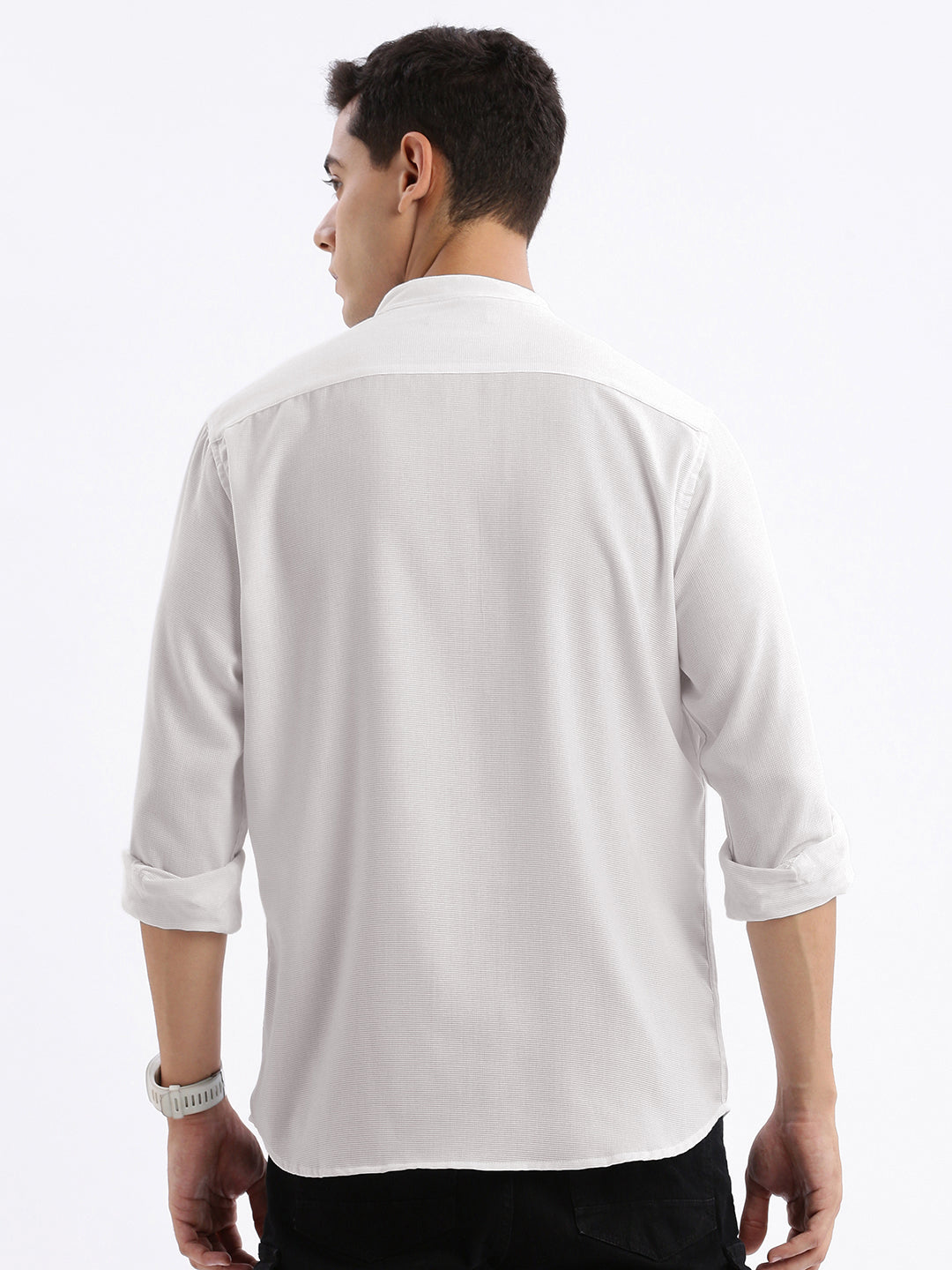 Men Mandarin Collar Solid Slim Fit White Shirt