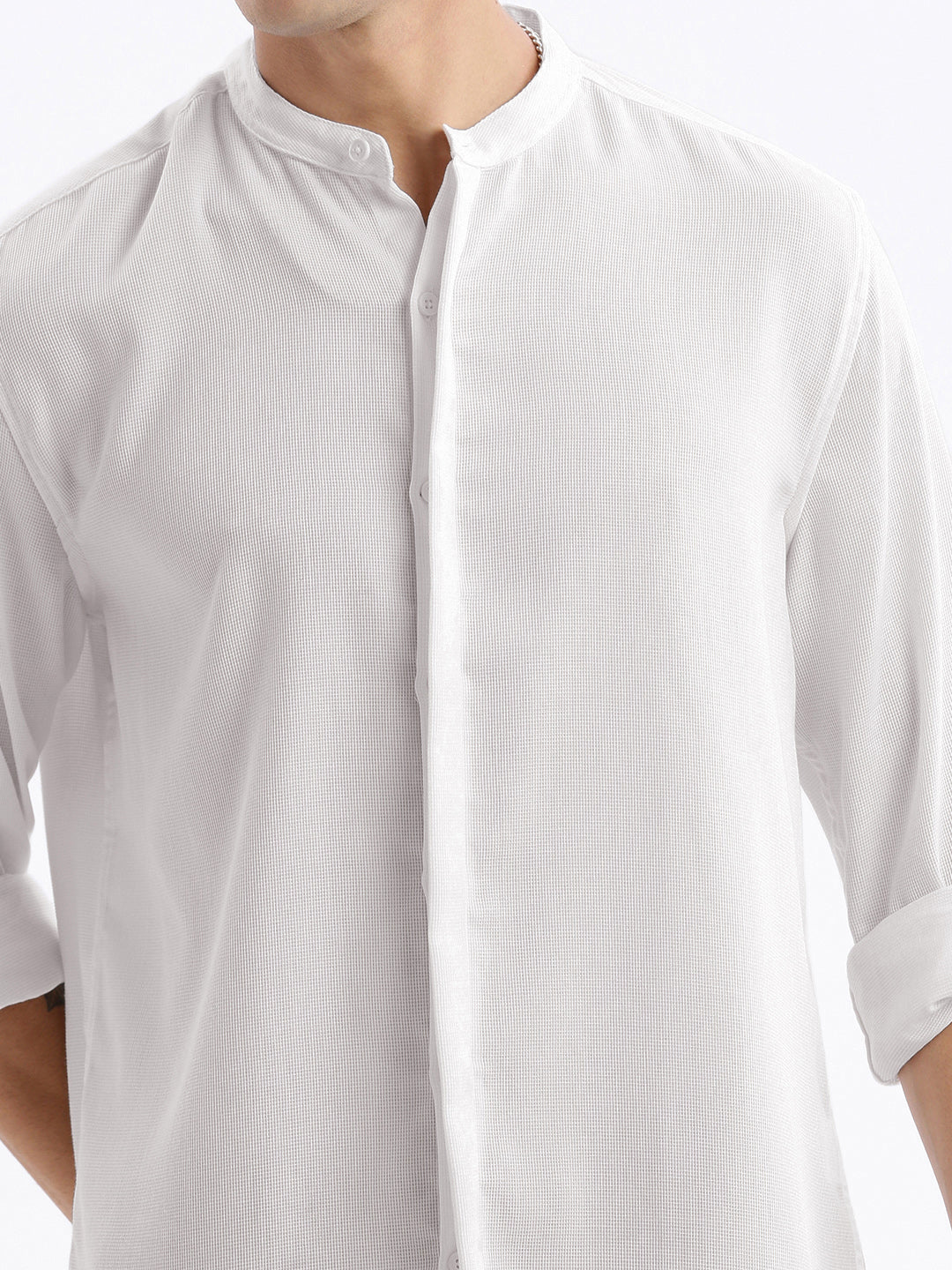 Men Mandarin Collar Solid Slim Fit White Shirt