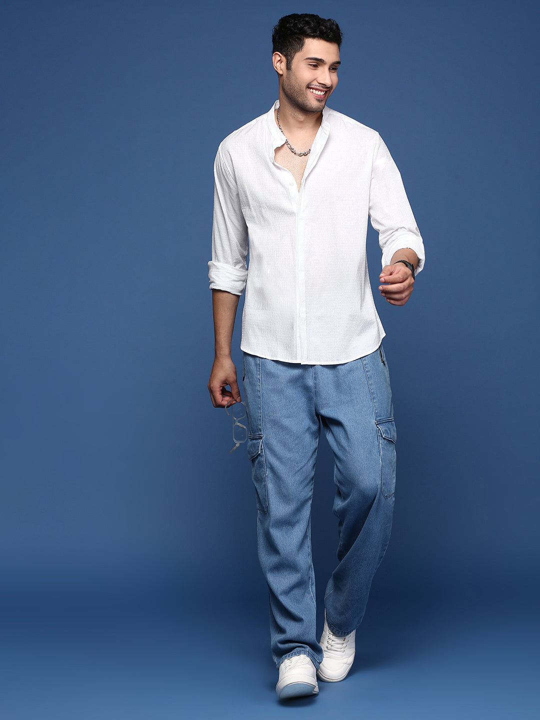 Men Mandarin Collar Solid White Slim Fit Shirt