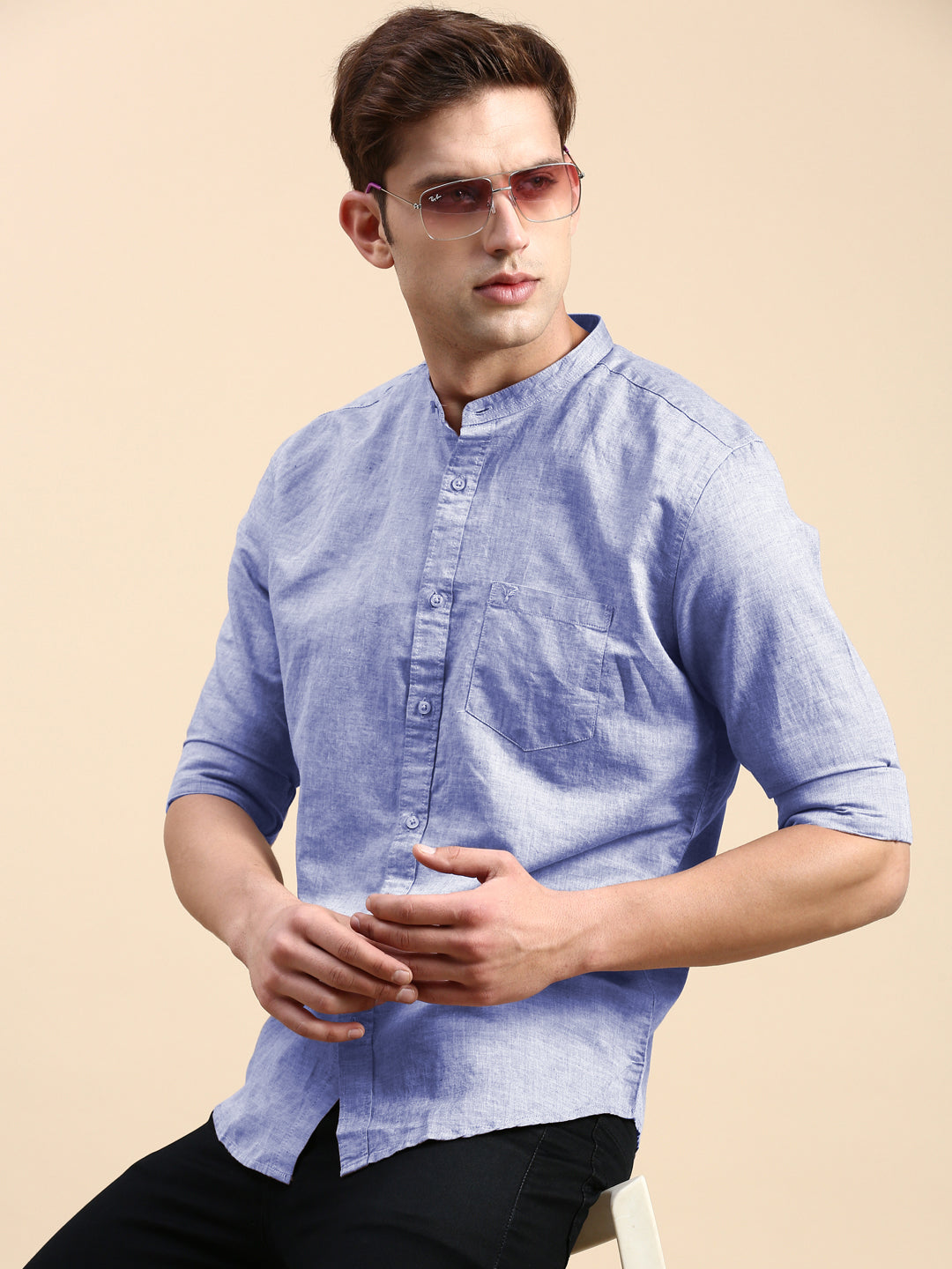 Men's Blue Mandarin Collar Slim Fit Shirt