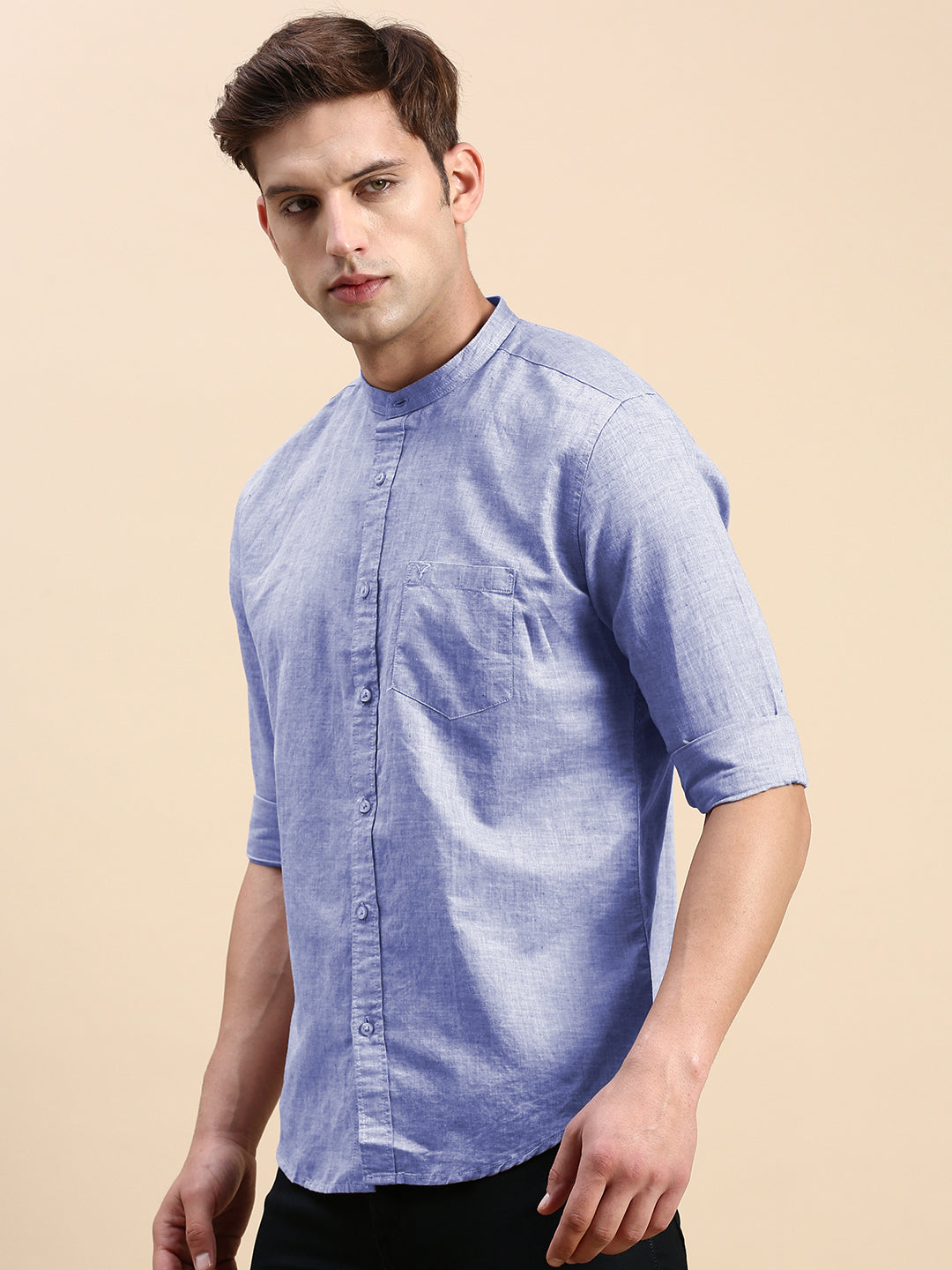 Men's Blue Mandarin Collar Slim Fit Shirt