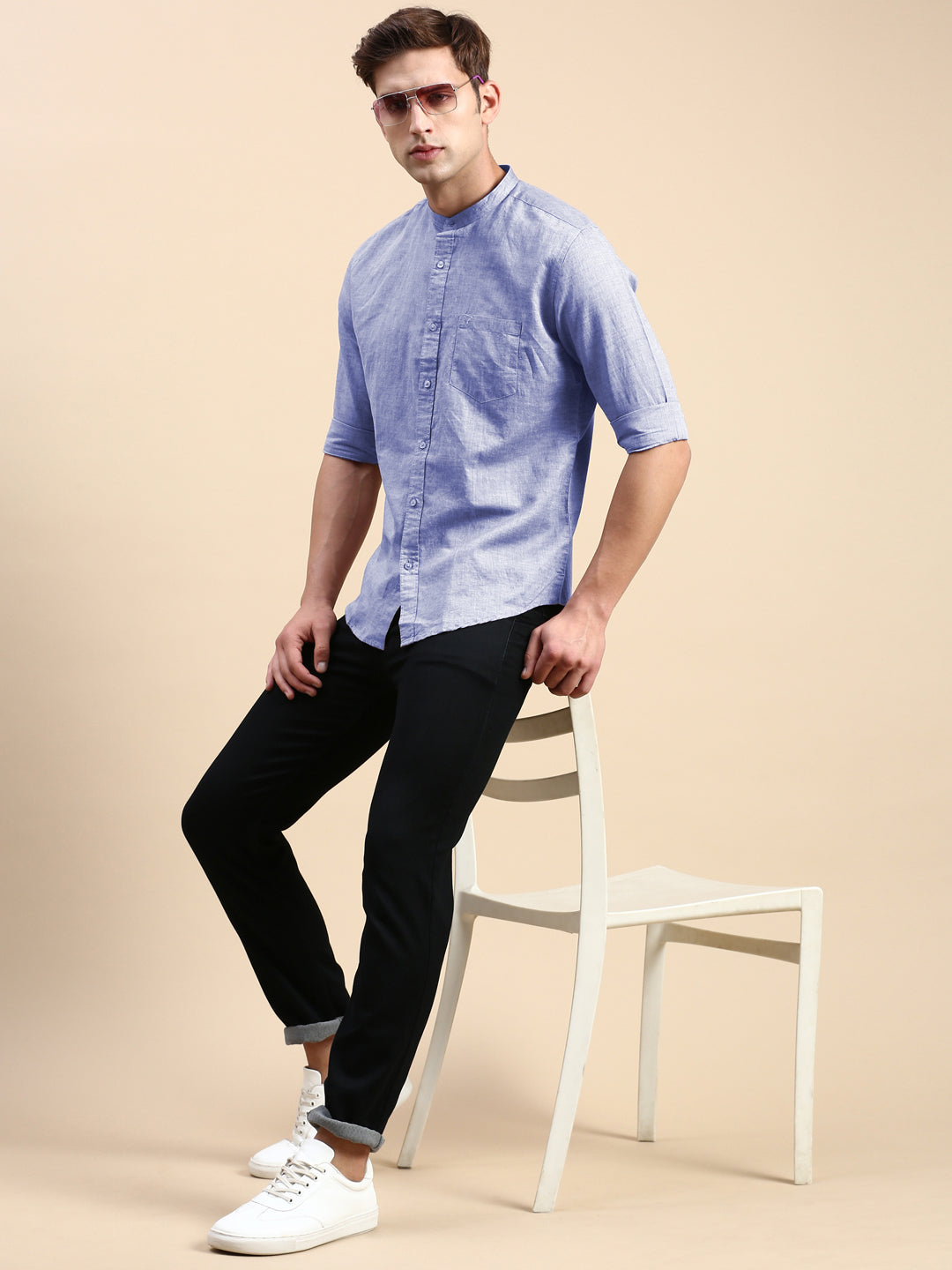Men's Blue Mandarin Collar Slim Fit Shirt