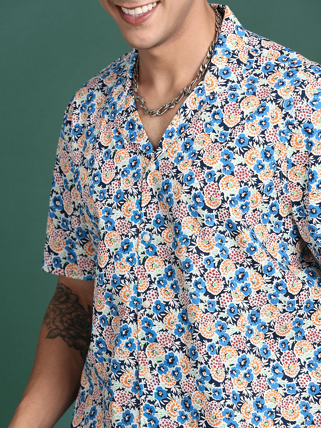 Men Cuban Collar Floral Multi Relaxed Fit Shirt