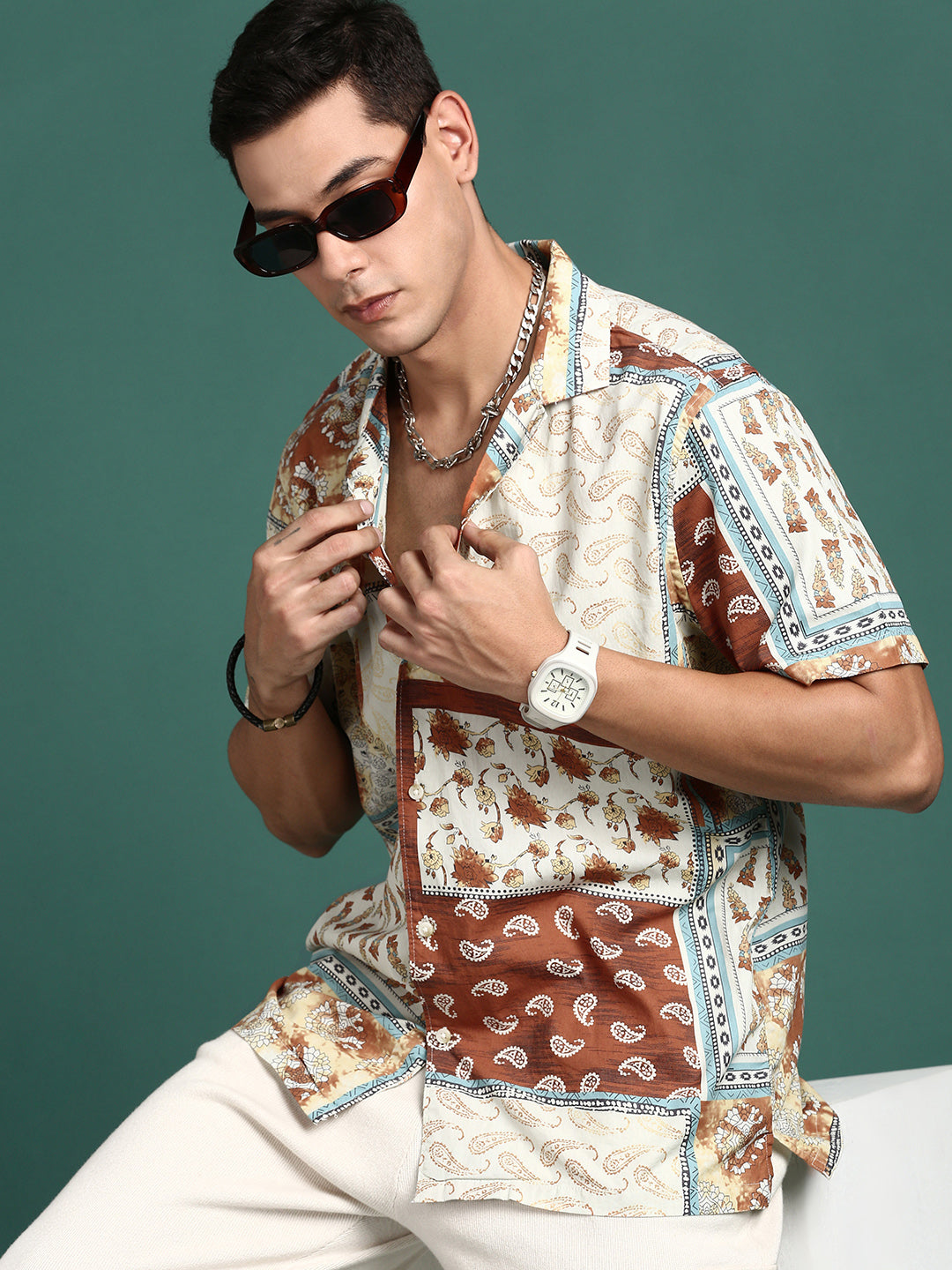 Men Cuban Collar Floral Rust Relaxed Fit Shirt