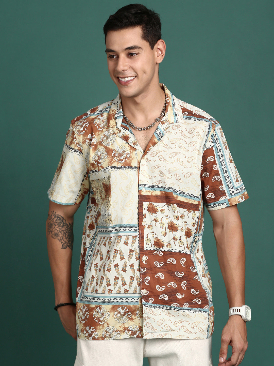 Men Cuban Collar Floral Rust Relaxed Fit Shirt