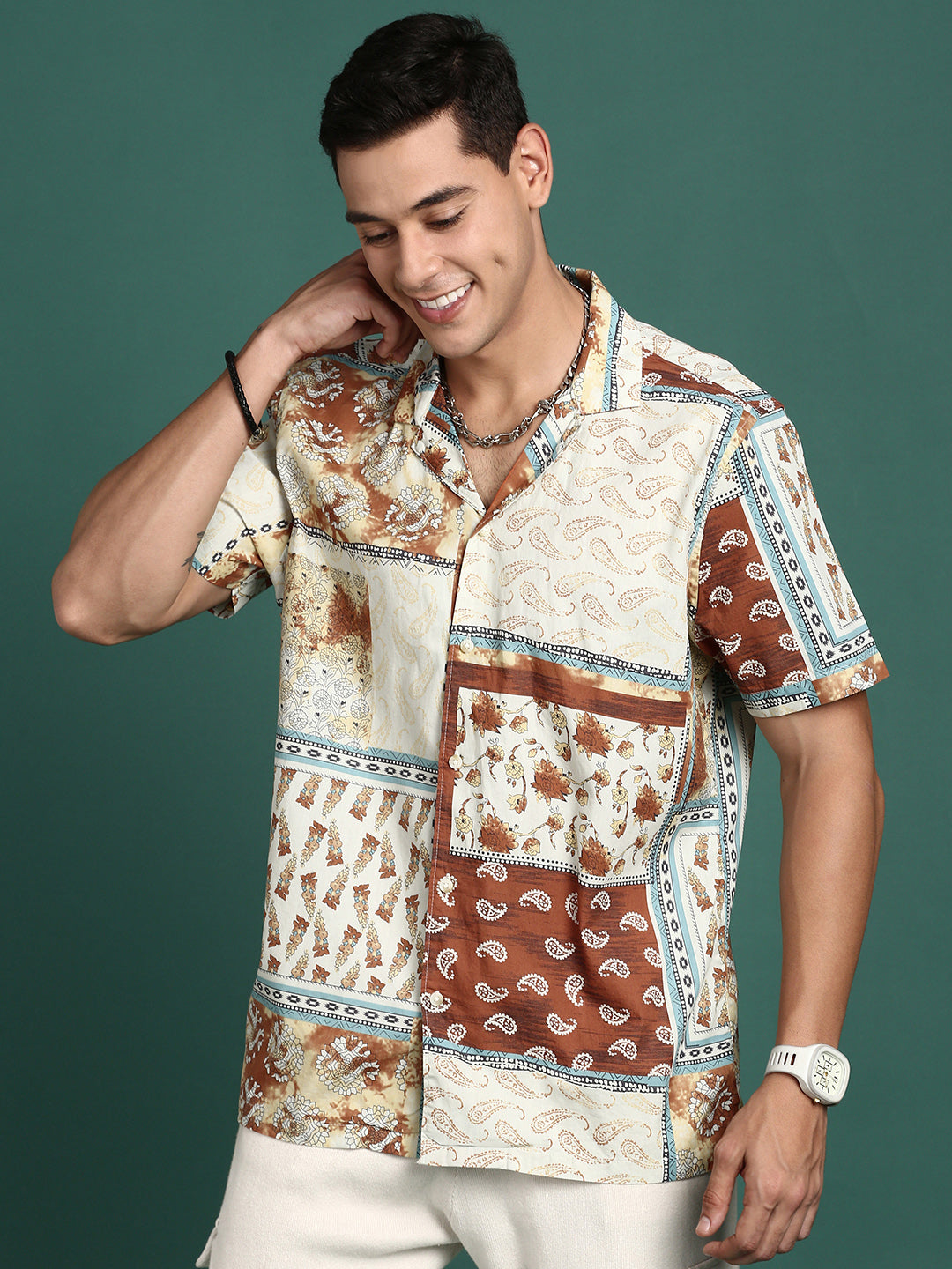 Men Cuban Collar Floral Rust Relaxed Fit Shirt