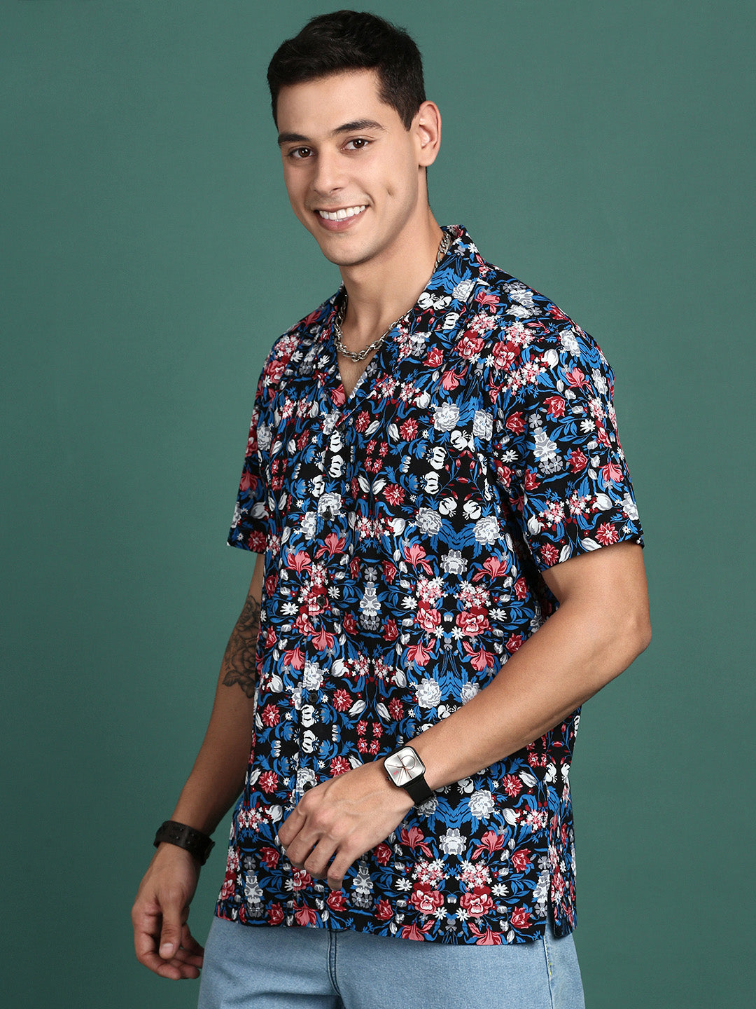 Men Cuban Collar Floral Multi Relaxed Fit Shirt