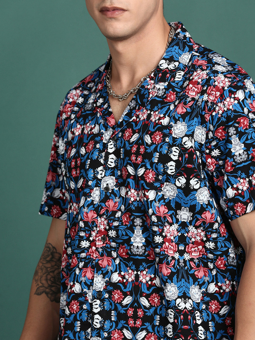 Men Cuban Collar Floral Multi Relaxed Fit Shirt