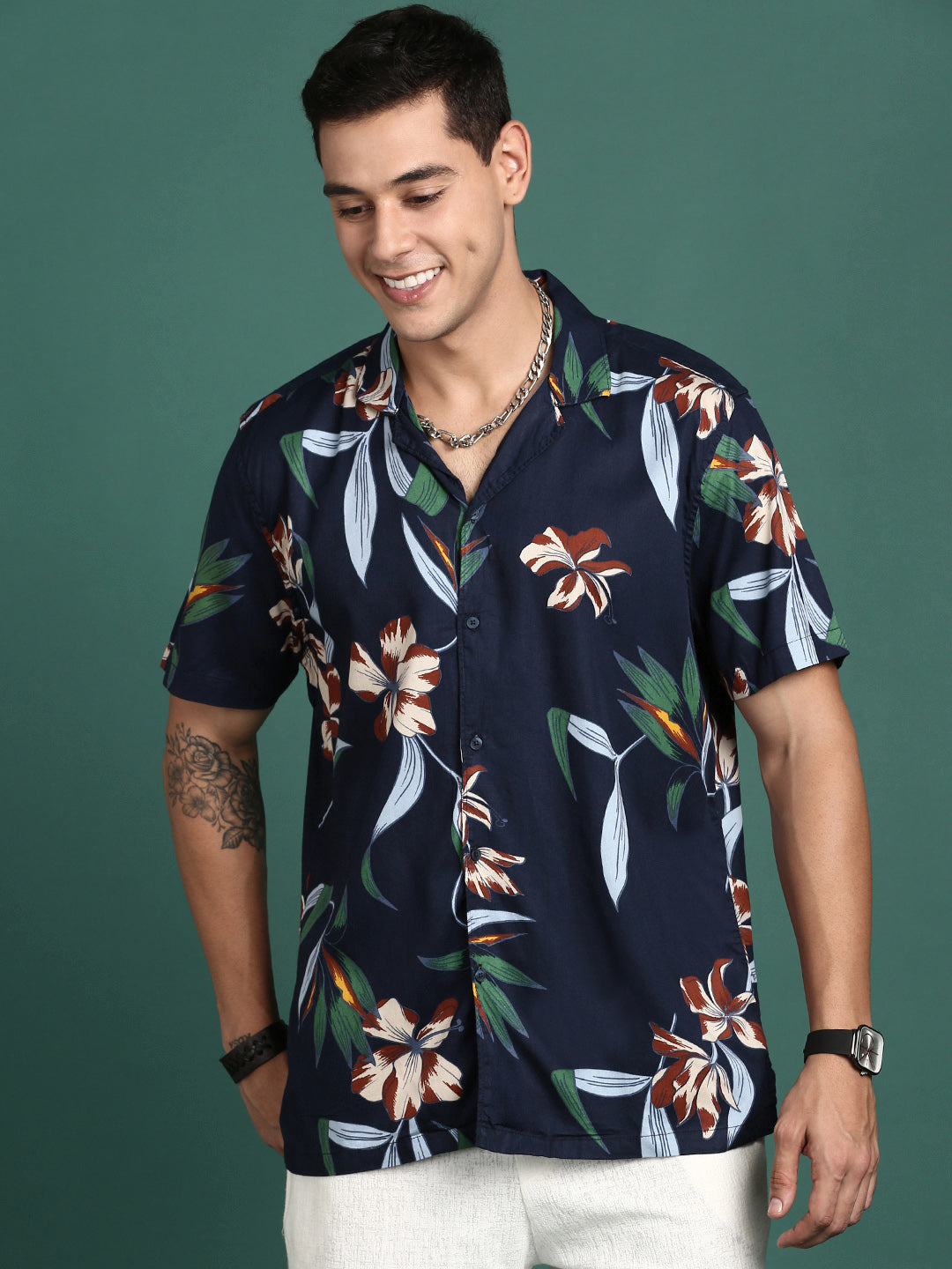 Men Cuban Collar Floral Navy Blue Relaxed Fit Shirt