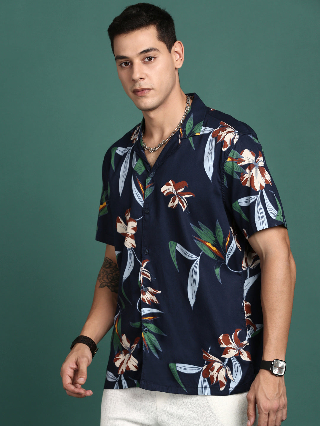 Men Cuban Collar Floral Navy Blue Relaxed Fit Shirt