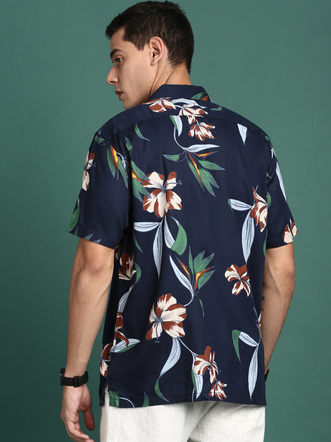 Men Cuban Collar Floral Navy Blue Relaxed Fit Shirt