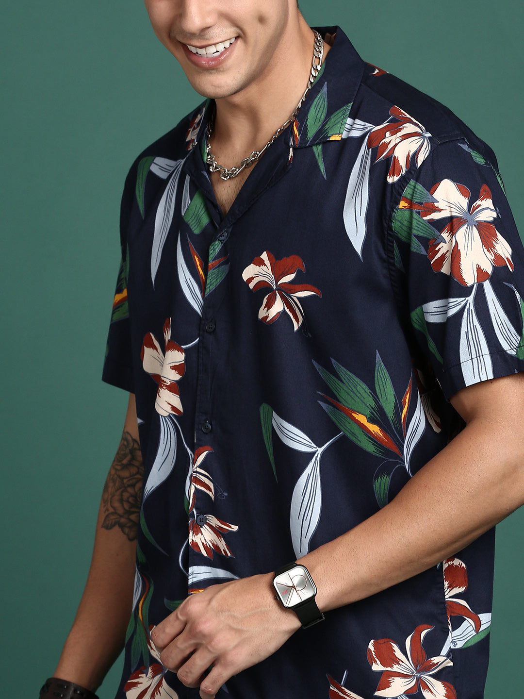 Men Cuban Collar Floral Navy Blue Relaxed Fit Shirt