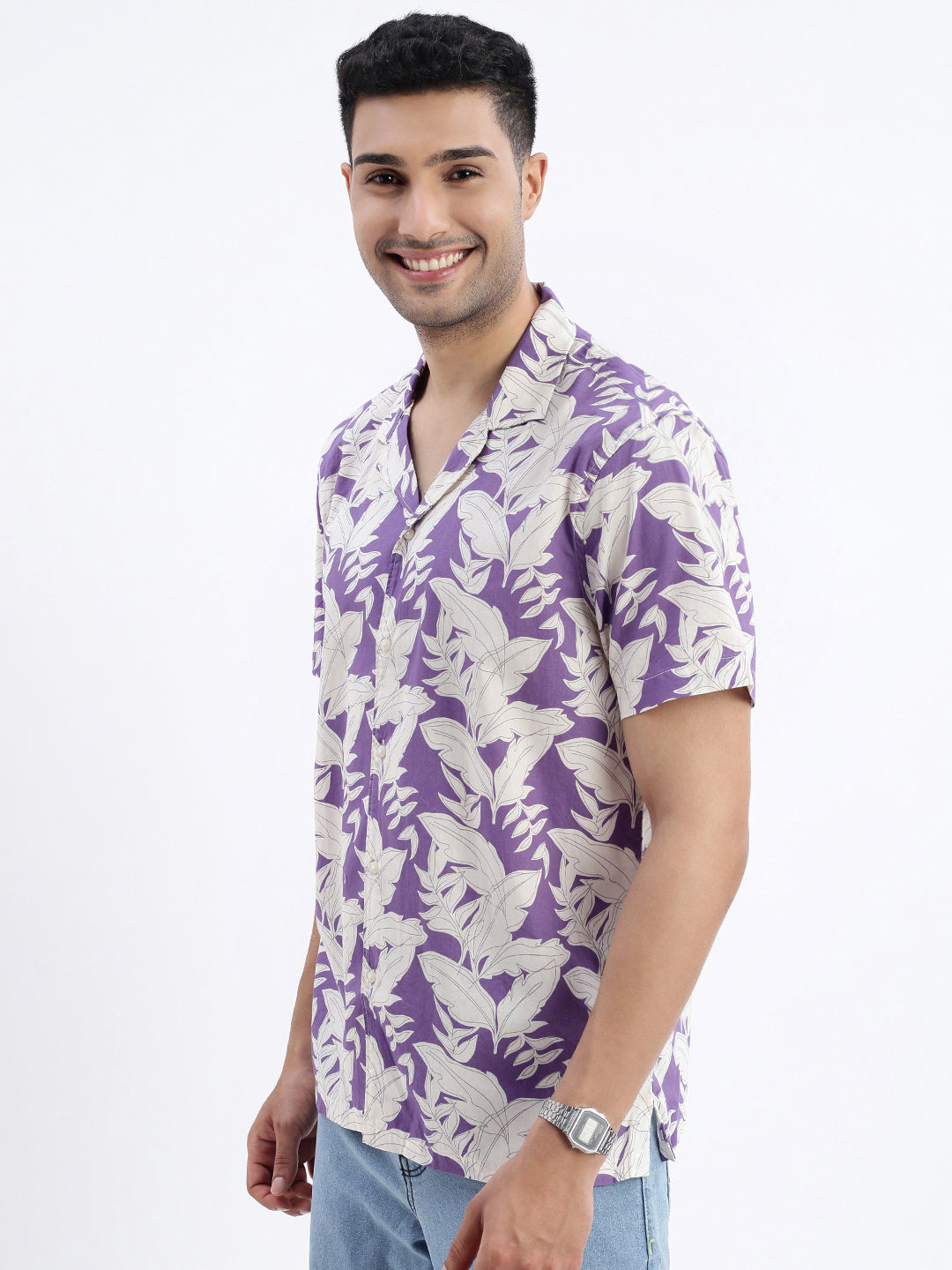 Men Purple Floral Cuban Collar Shirt