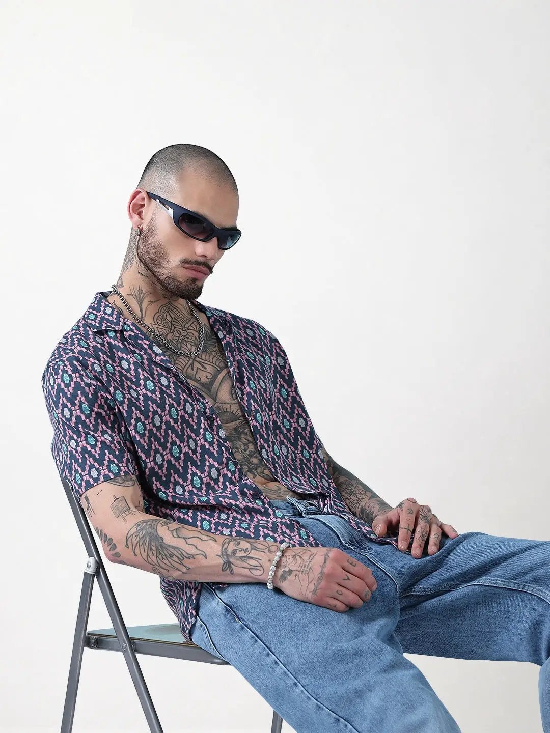 Men's Blue Geometric Cuban Collar Relaxed Fit Shirt - Uncategorized from SHOWOFFFF