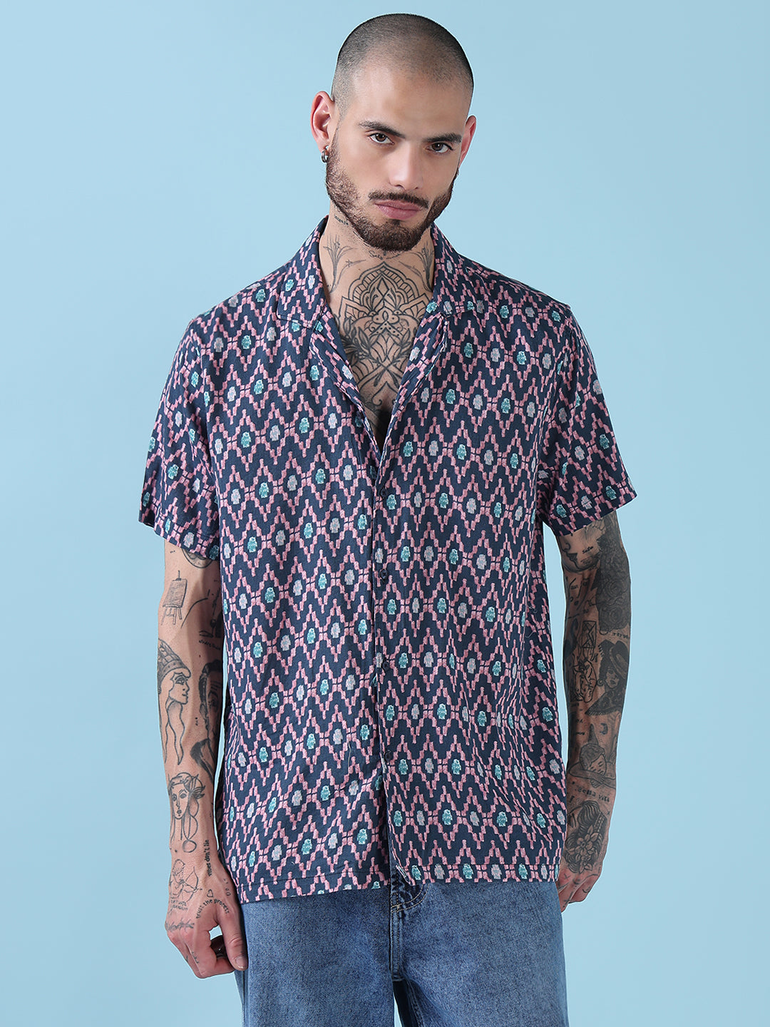 Men's Blue Geometric Cuban Collar Relaxed Fit Shirt