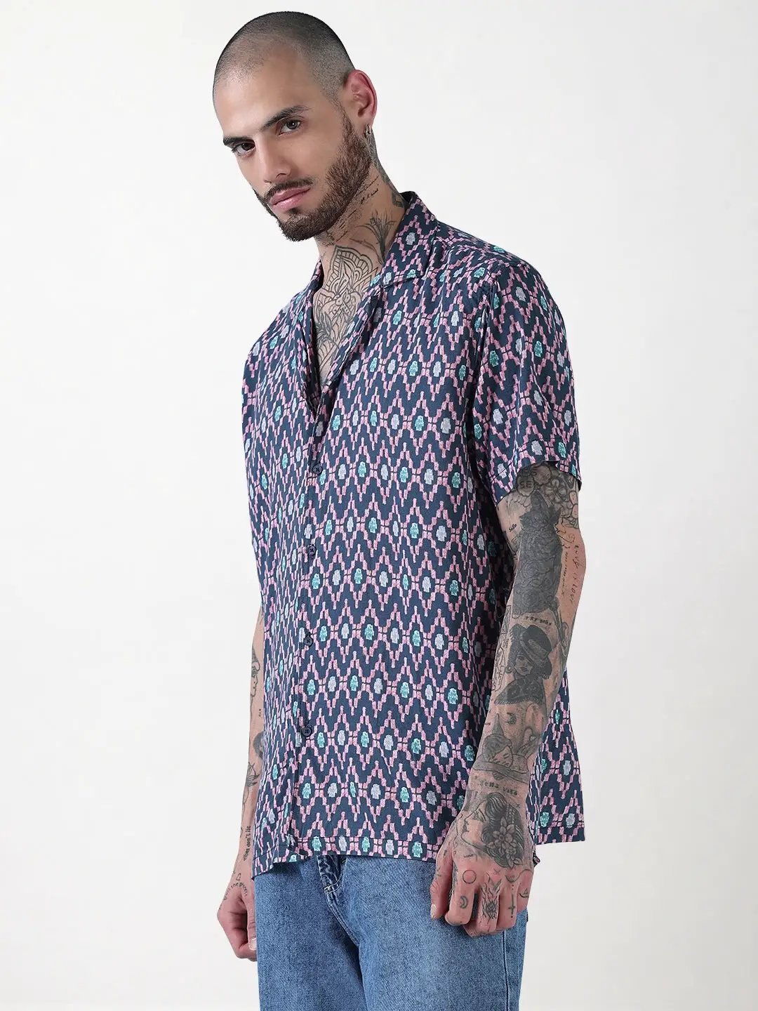 Men's Blue Geometric Cuban Collar Relaxed Fit Shirt - Uncategorized from SHOWOFFFF