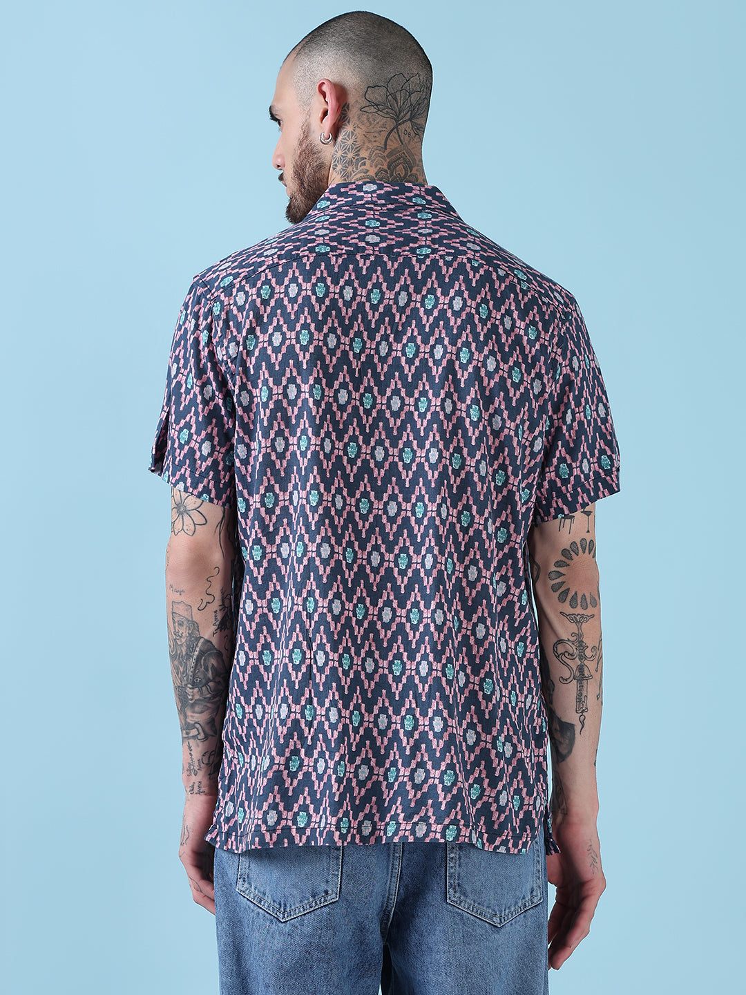 Men's Blue Geometric Cuban Collar Relaxed Fit Shirt