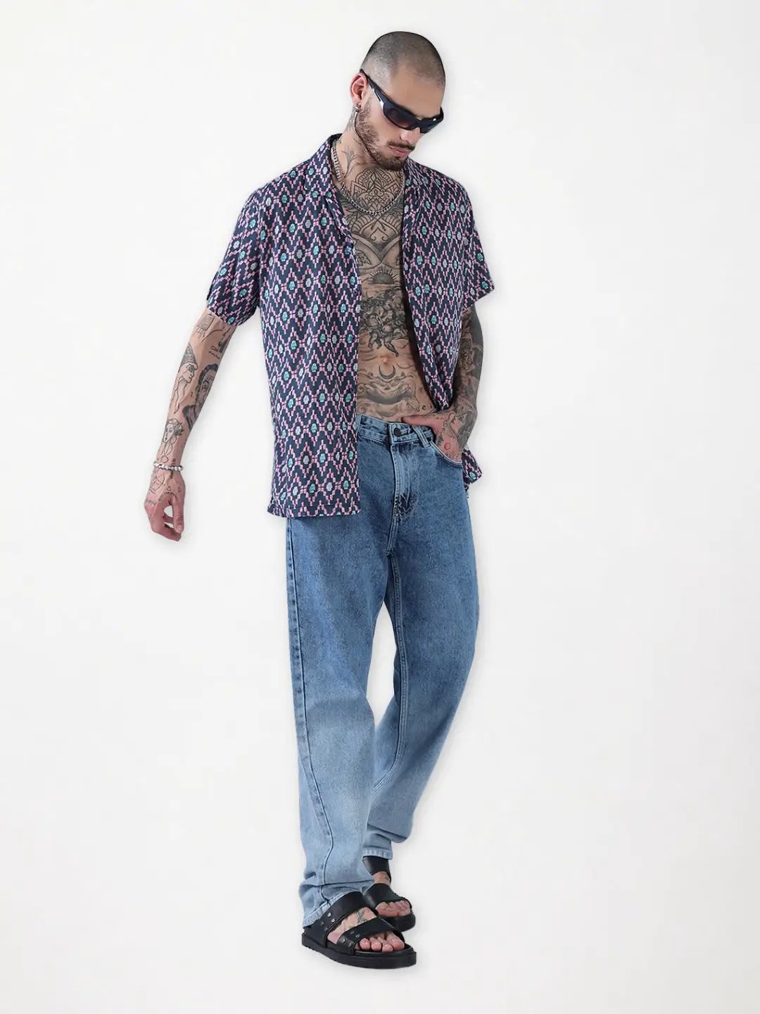 Men's Blue Geometric Cuban Collar Relaxed Fit Shirt - Uncategorized from SHOWOFFFF