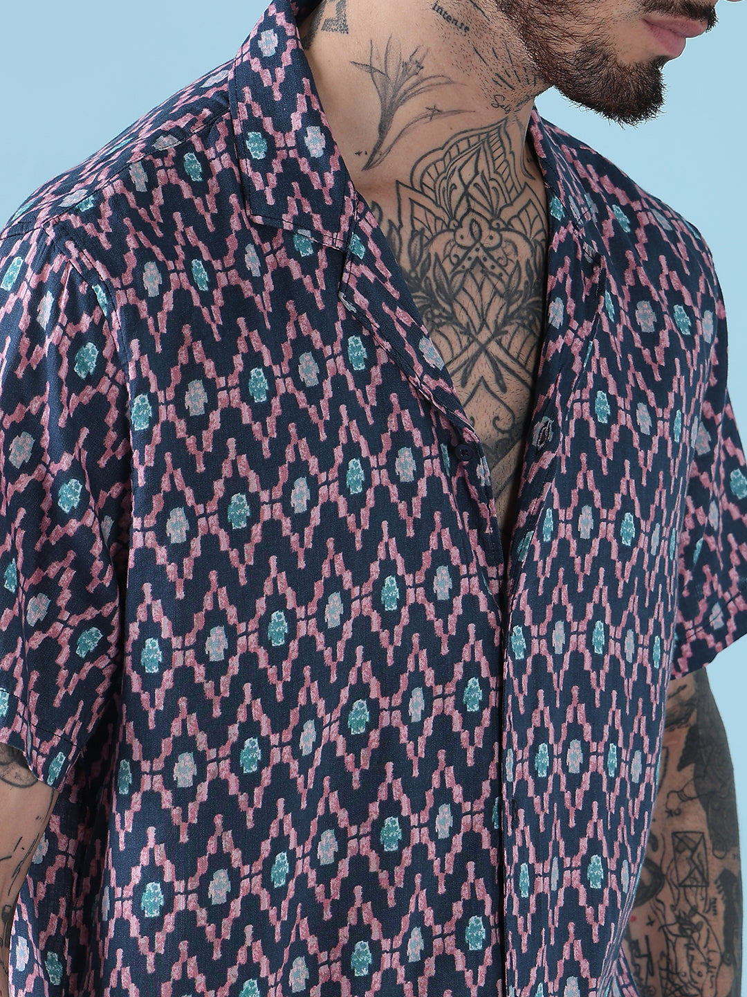 Men's Blue Geometric Cuban Collar Relaxed Fit Shirt