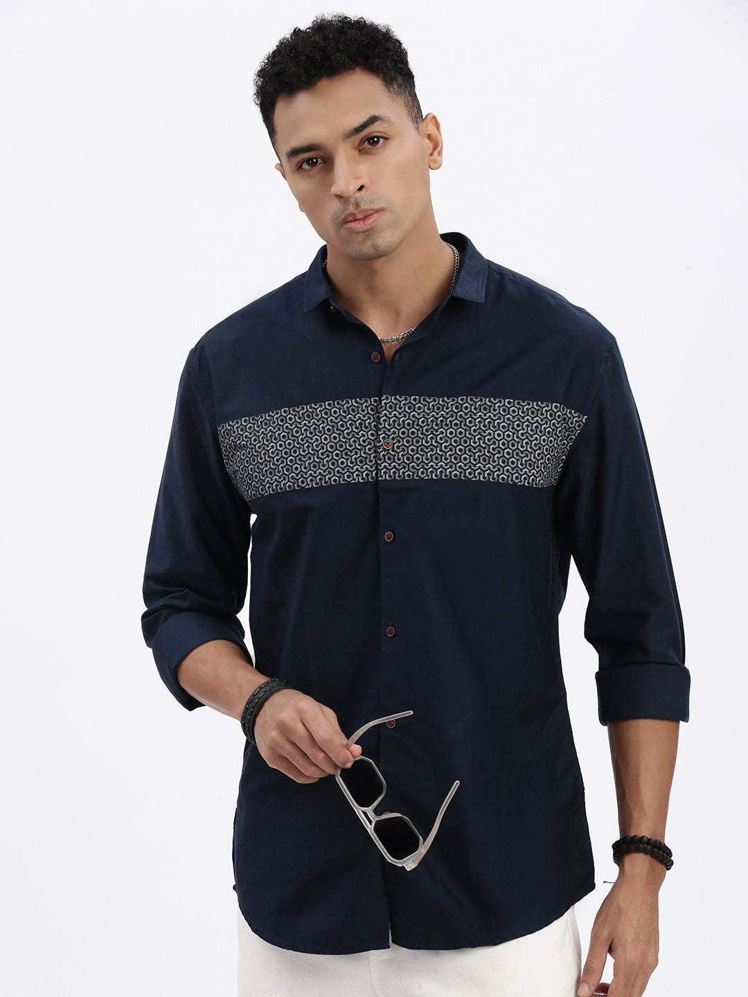 Men Navy Blue Geometric Slim Fit Shirt